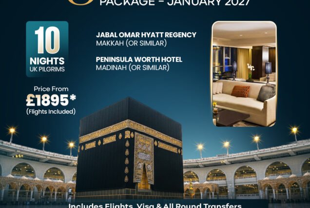 5 Star Group Umrah Package January photo card showing the Kaaba at Masjid al-Haram with group travel details.