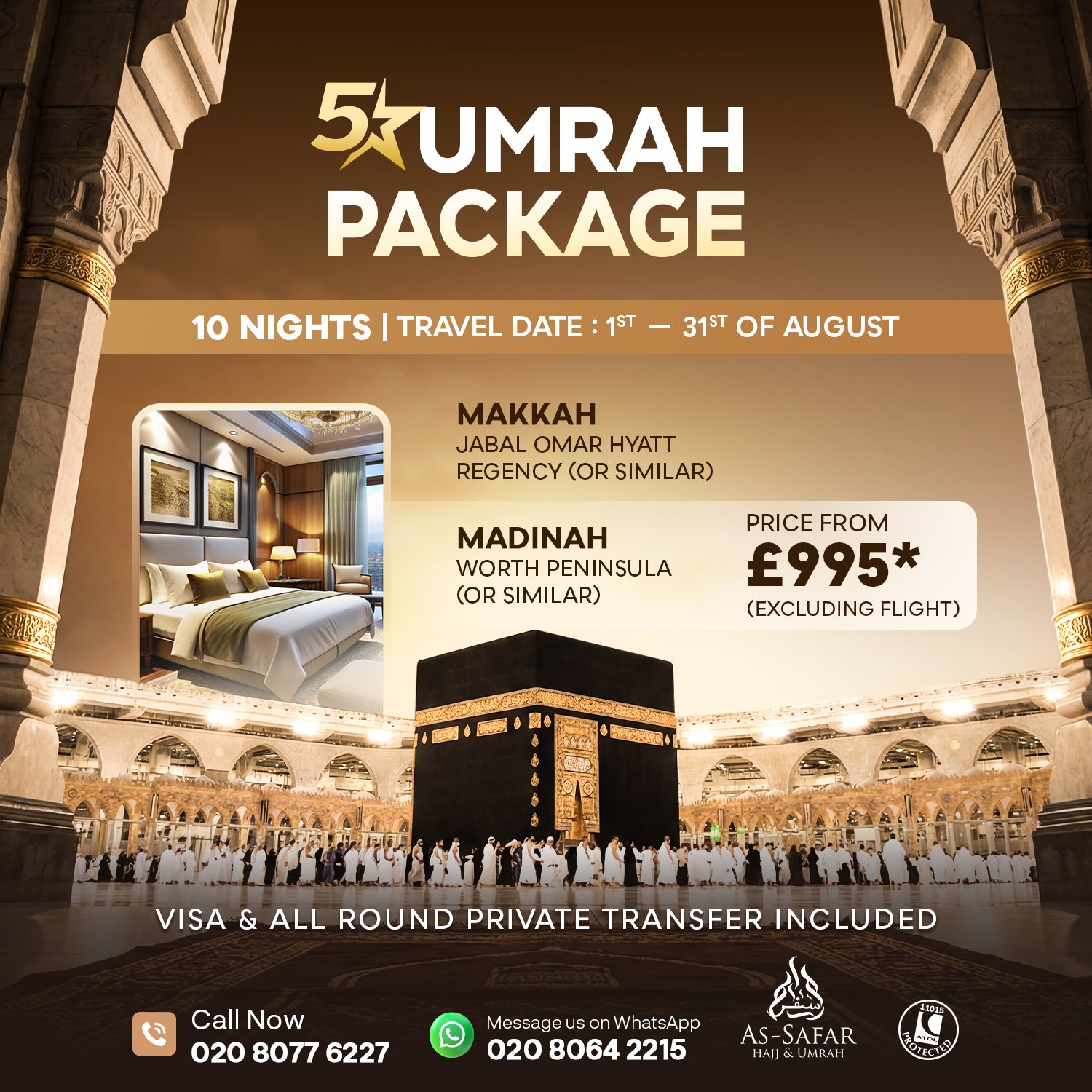 5 Star Umrah Package August photo card showing the Kaaba at Masjid al-Haram with hotel details.