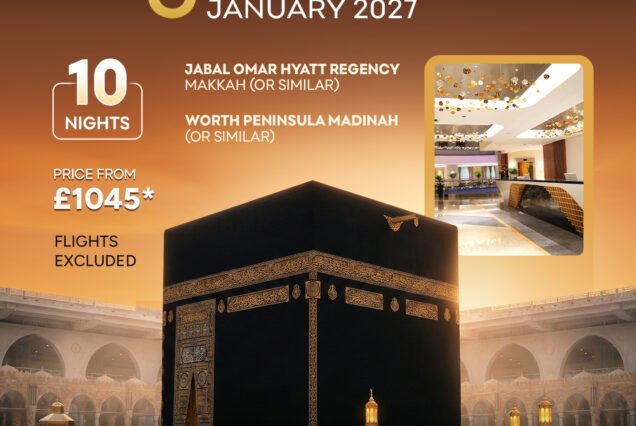 5 Star Umrah Package January photo card showing the Kaaba at Masjid al-Haram with January travel details.