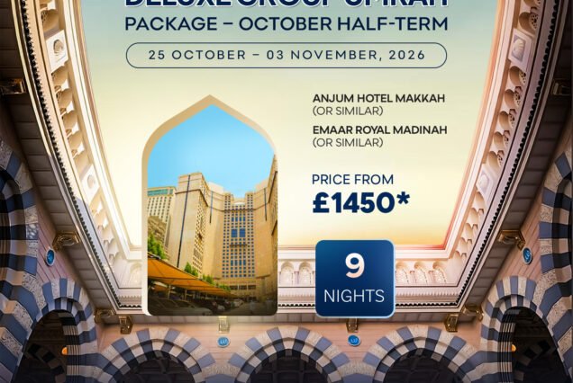 Deluxe Group Umrah Package October Half-Term 2026 photo card showing mosque arch framing with group travel details.