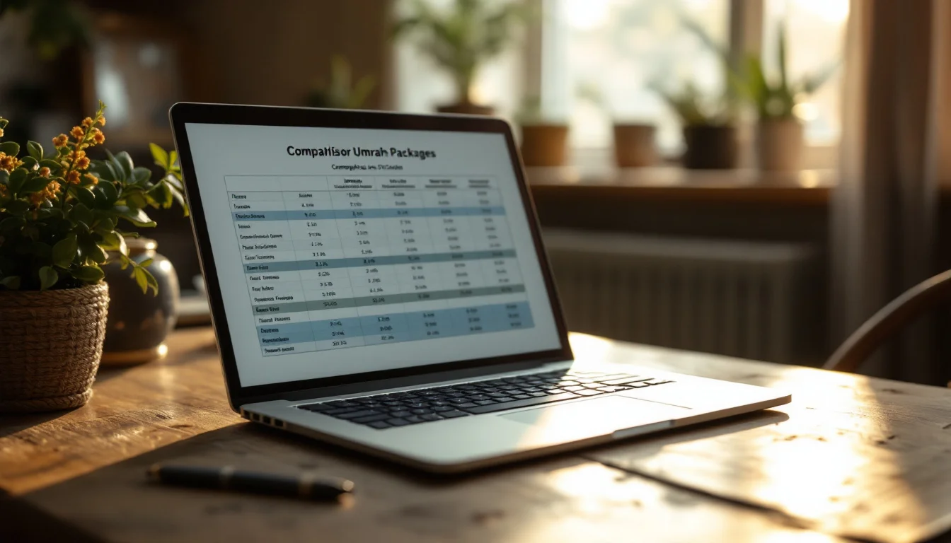 How To Book Umrah Packages Online — A close-up of a laptop on a tidy UK home desk, displaying several Umrah package How To Book Umrah Packages Online — A close-up of a laptop on a tidy UK home desk, displaying several Umrah package