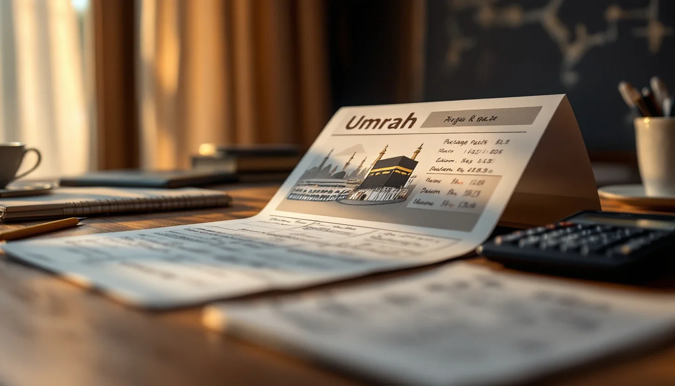 Affordable Umrah Packages Costs — A friendly UK Umrah travel consultant showing package brochures and cost breakdo Affordable Umrah Packages Costs — A friendly UK Umrah travel consultant showing package brochures and cost breakdo