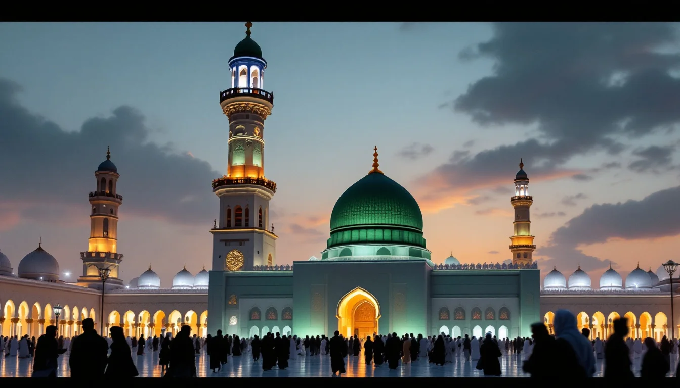Umrah pilgrimage - The Prophet's Mosque (Masjid an-Nabawi) in Madinah with its green dome at dusk, pilgrims w Umrah pilgrimage - The Prophet's Mosque (Masjid an-Nabawi) in Madinah with its green dome at dusk, pilgrims w