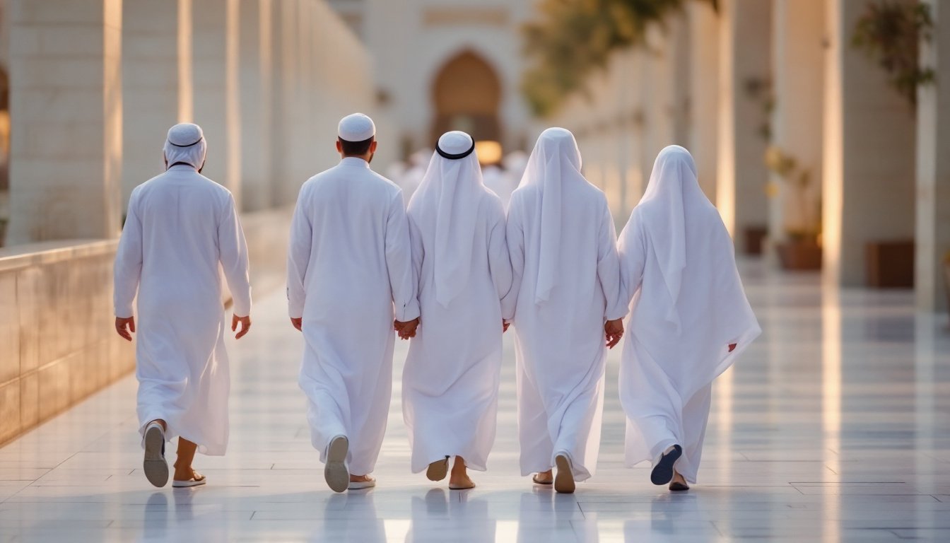 Umrah pilgrims staying together as a group Umrah pilgrims in white walking together as a group along a marble walkway